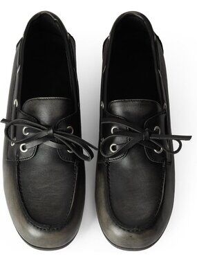 Women's Black Leather Comfortable Bow Lace Loafer Slip On Casual Flat Boat Shoes